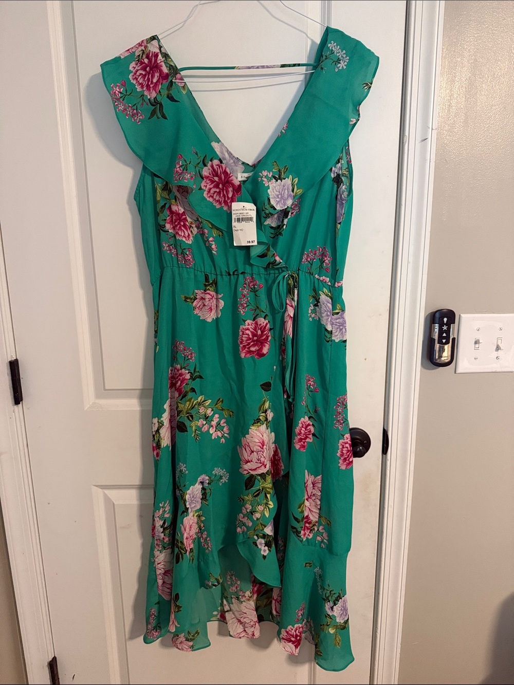 Green Floral V-Neck Ruffled Midi Dress